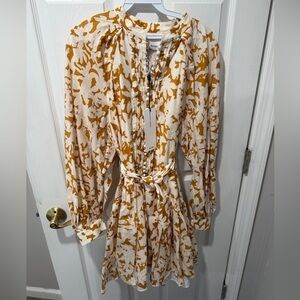 Acler Cream and Mustard Abstract Tie-Waist Long Sleeve Dress